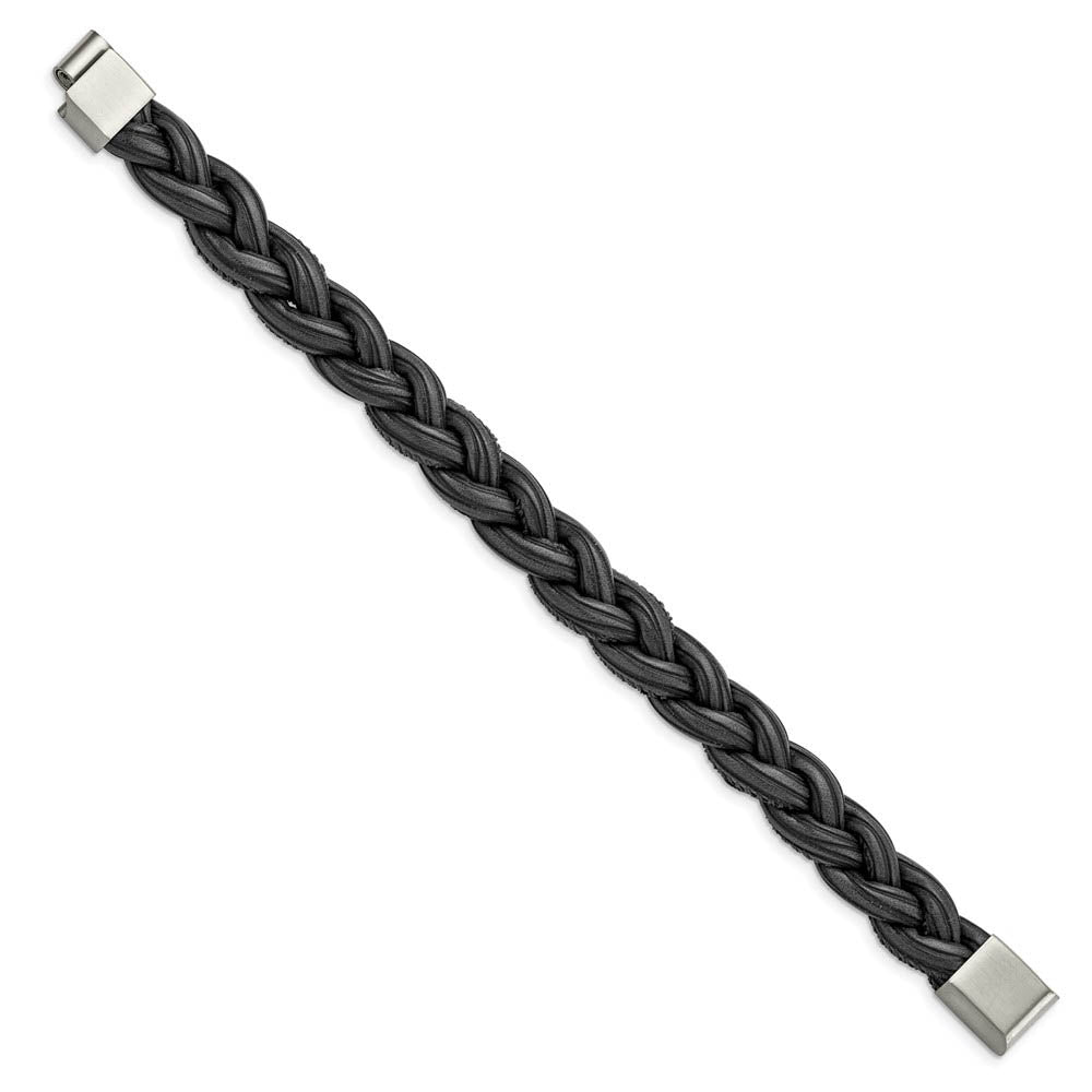 Alternate view of the 12mm Stainless Steel Black & Gray Braided Leather Bracelet, 8.25 Inch by The Black Bow Jewelry Co.