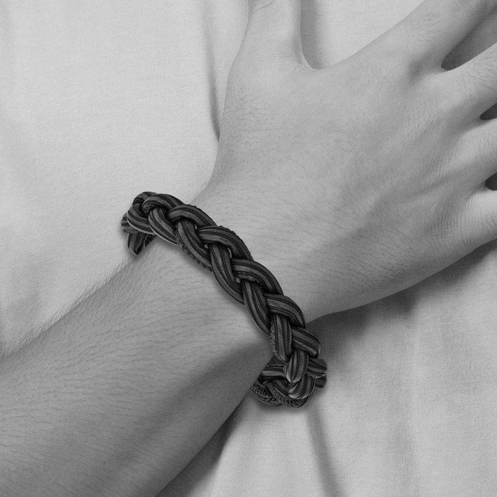 Alternate view of the 12mm Stainless Steel Black & Gray Braided Leather Bracelet, 8.25 Inch by The Black Bow Jewelry Co.