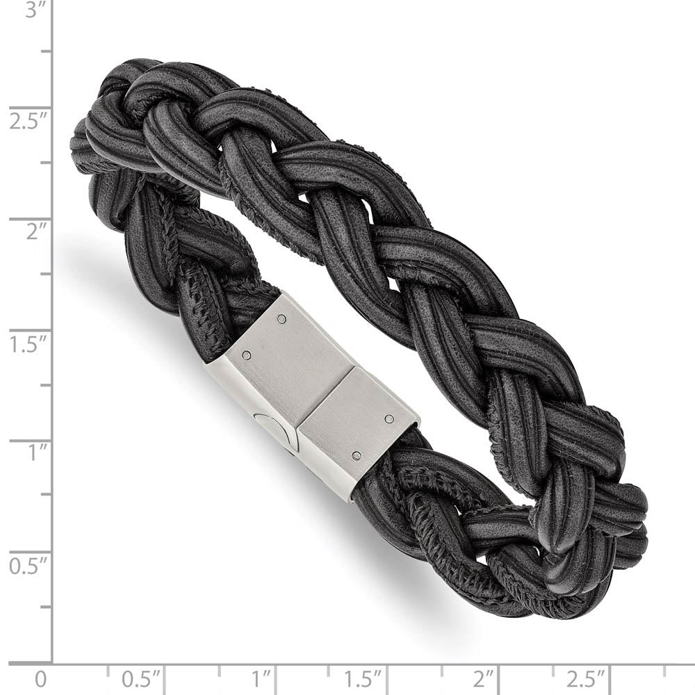 Alternate view of the 12mm Stainless Steel Black & Gray Braided Leather Bracelet, 8.25 Inch by The Black Bow Jewelry Co.