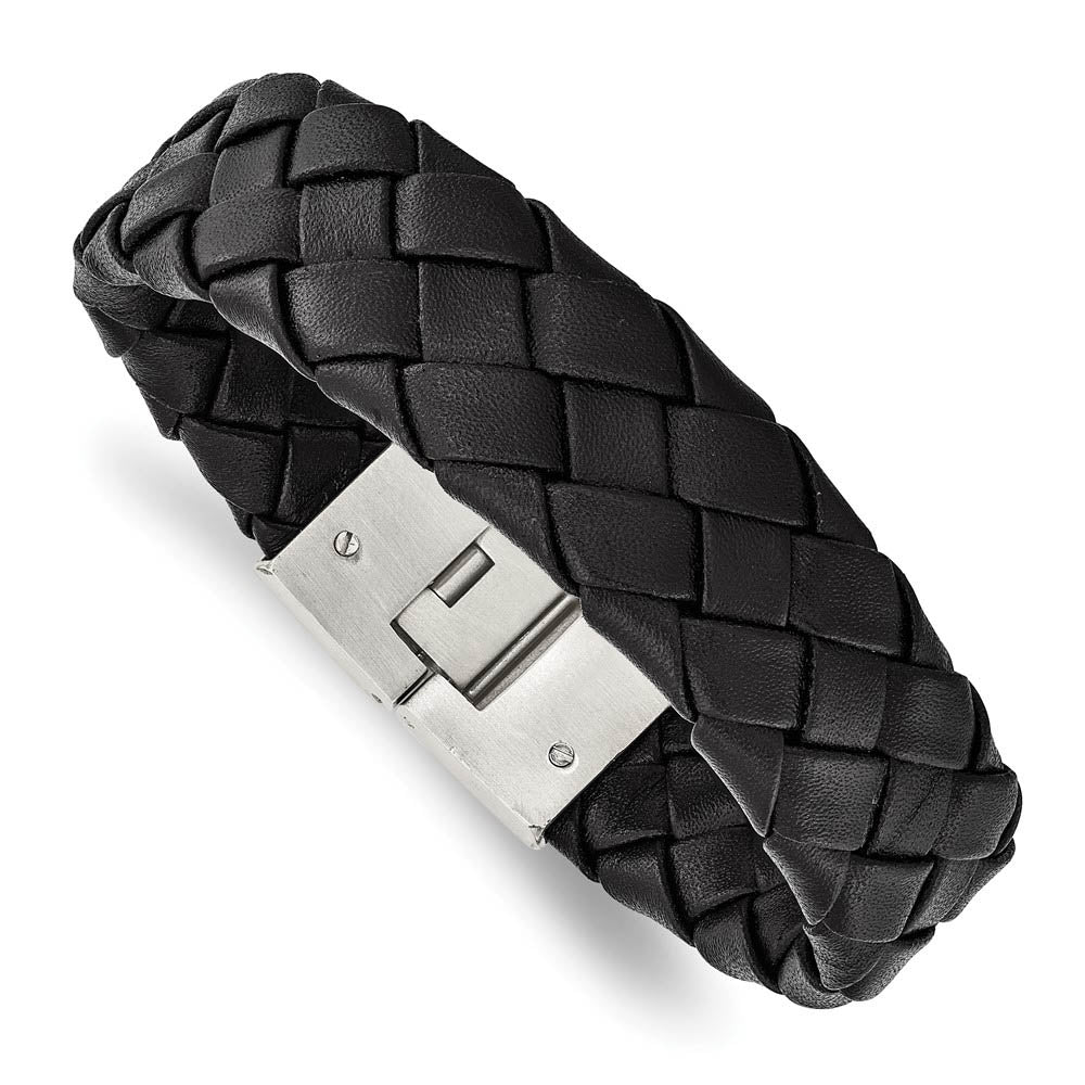 18mm Stainless Steel & Black Leather Woven Bracelet, 8.5 Inch, Item B18945 by The Black Bow Jewelry Co.