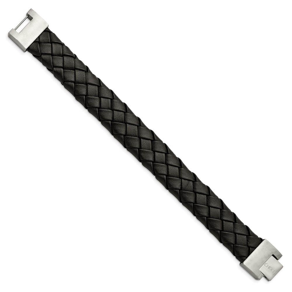 Alternate view of the 18mm Stainless Steel & Black Leather Woven Bracelet, 8.5 Inch by The Black Bow Jewelry Co.