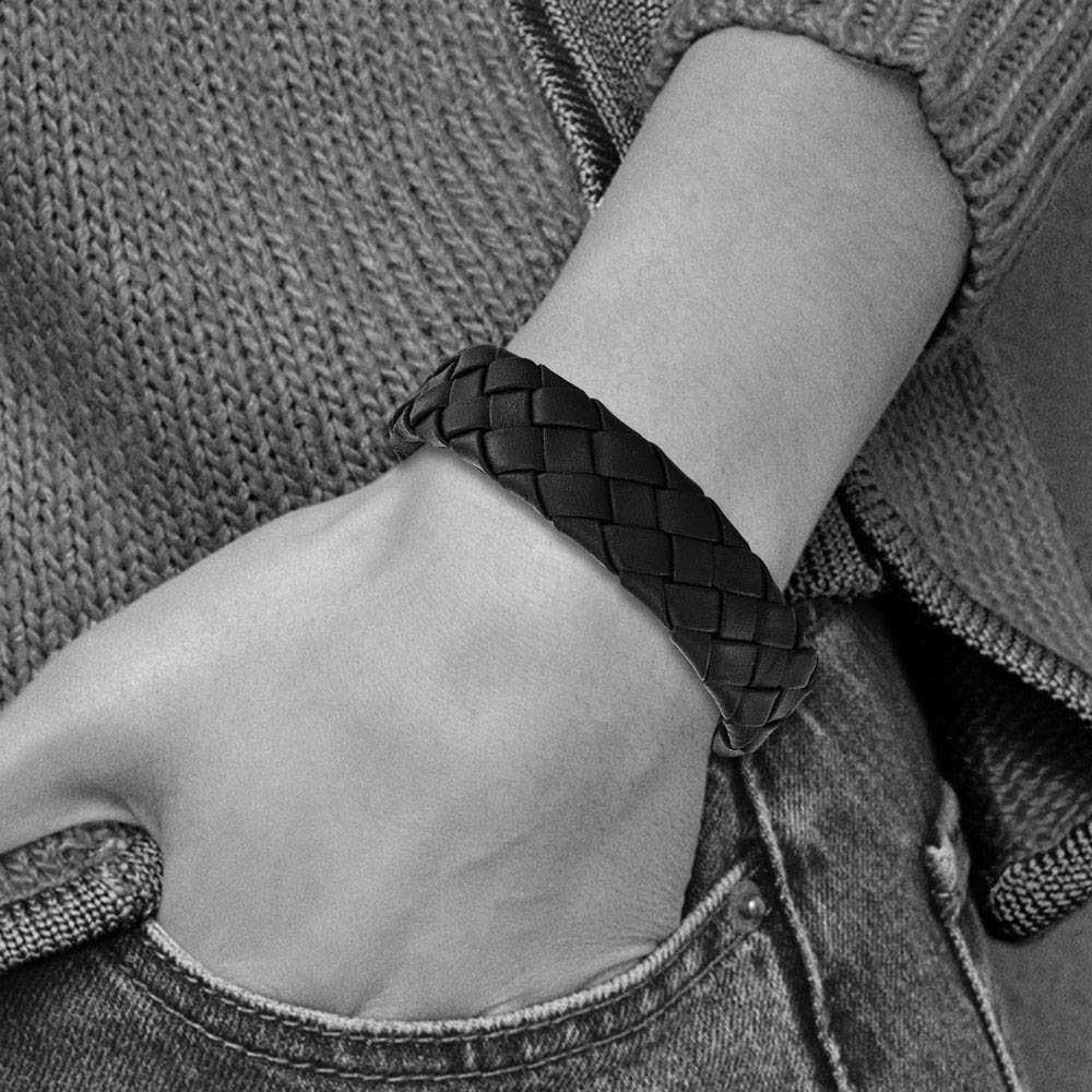 Alternate view of the 18mm Stainless Steel & Black Leather Woven Bracelet, 8.5 Inch by The Black Bow Jewelry Co.