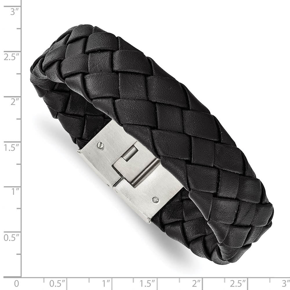 Alternate view of the 18mm Stainless Steel & Black Leather Woven Bracelet, 8.5 Inch by The Black Bow Jewelry Co.
