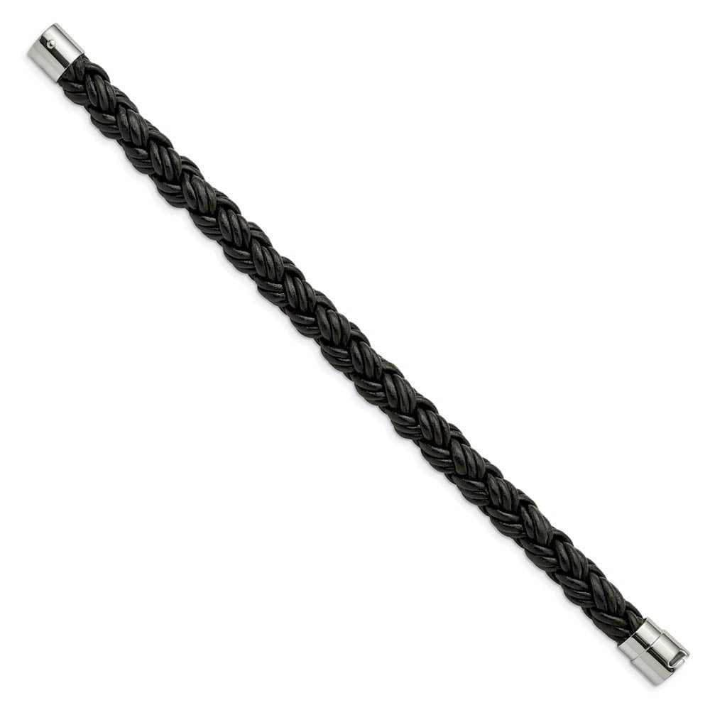Alternate view of the 11mm Stainless Steel & Black Leather Triple Braided Bracelet, 8.5 Inch by The Black Bow Jewelry Co.