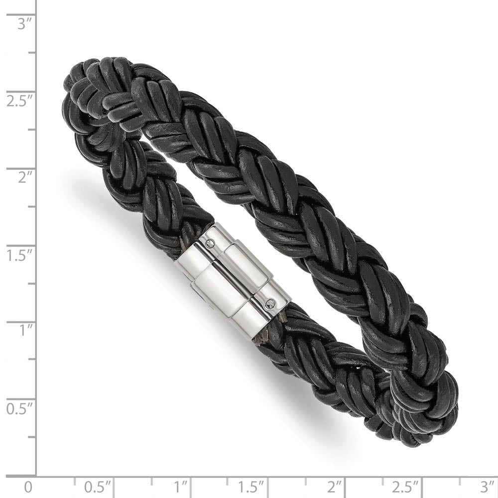 Alternate view of the 11mm Stainless Steel & Black Leather Triple Braided Bracelet, 8.5 Inch by The Black Bow Jewelry Co.