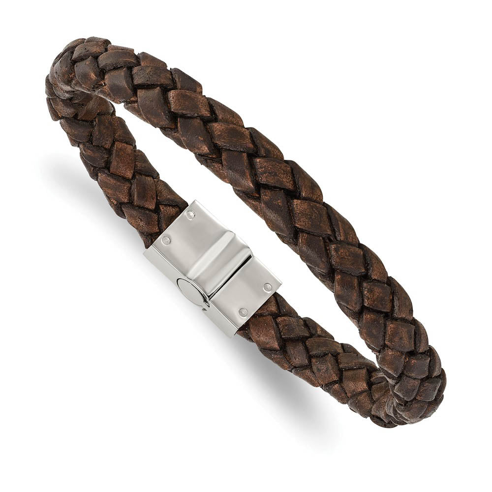 10mm Stainless Steel Distressed Brown Leather Woven Bracelet, 8.75 In, Item B18947 by The Black Bow Jewelry Co.