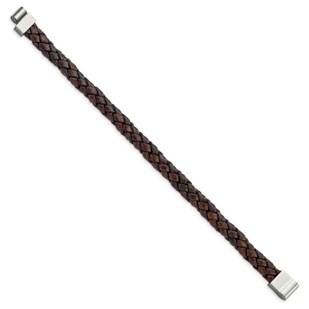 Alternate view of the 10mm Stainless Steel Distressed Brown Leather Woven Bracelet, 8.75 In by The Black Bow Jewelry Co.