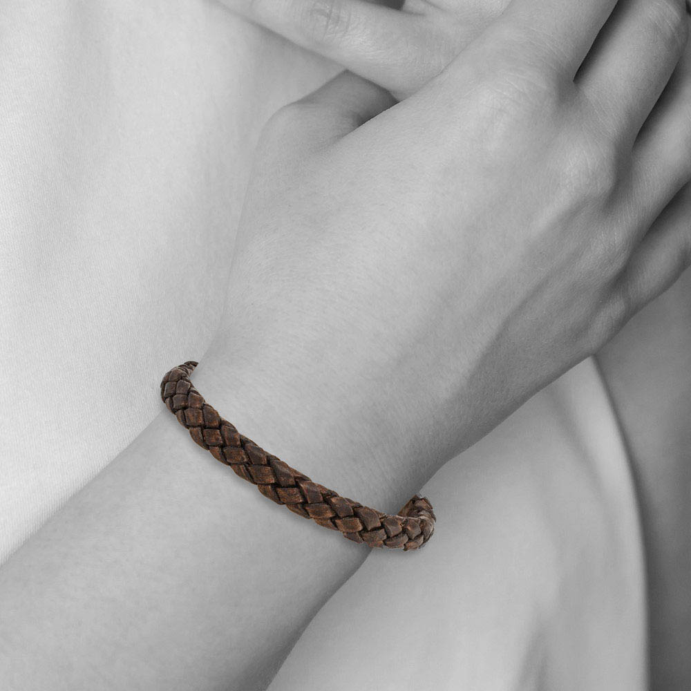 Alternate view of the 10mm Stainless Steel Distressed Brown Leather Woven Bracelet, 8.75 In by The Black Bow Jewelry Co.