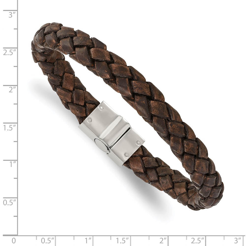 Alternate view of the 10mm Stainless Steel Distressed Brown Leather Woven Bracelet, 8.75 In by The Black Bow Jewelry Co.