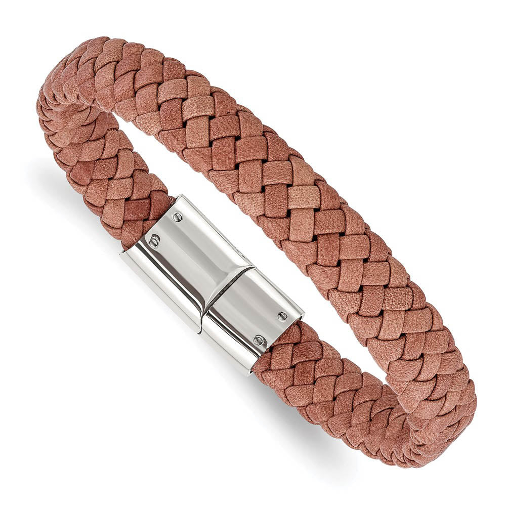 11.5mm Stainless Steel & Light Brown Leather Braided Bracelet, 8.25 In, Item B18948 by The Black Bow Jewelry Co.
