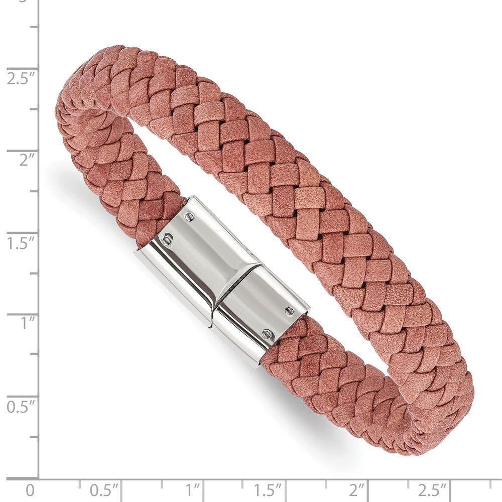Alternate view of the 11.5mm Stainless Steel & Light Brown Leather Braided Bracelet, 8.25 In by The Black Bow Jewelry Co.