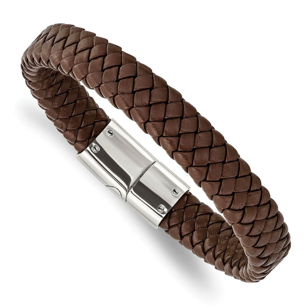 12mm Stainless Steel & Brown Leather Braided Bracelet, 8.5 Inch, Item B18949 by The Black Bow Jewelry Co.