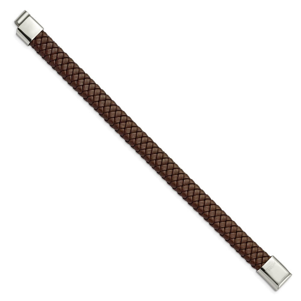 Alternate view of the 12mm Stainless Steel & Brown Leather Braided Bracelet, 8.5 Inch by The Black Bow Jewelry Co.