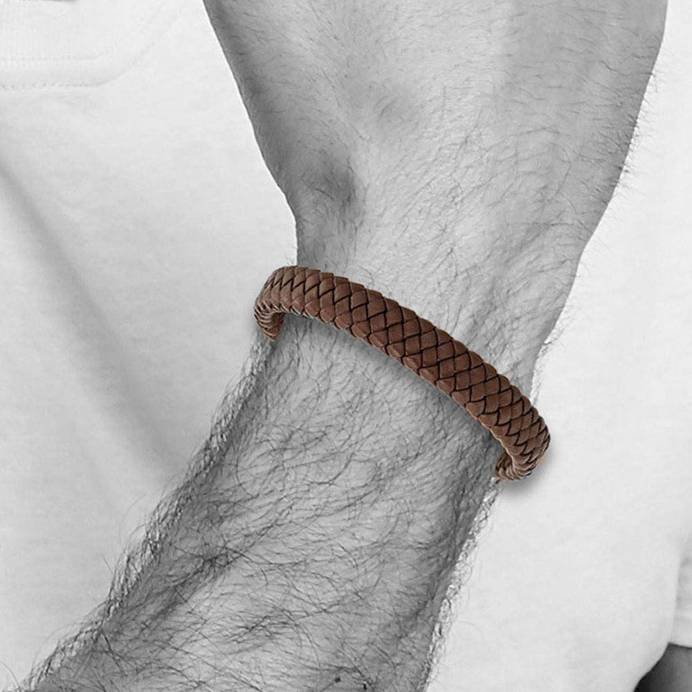 Alternate view of the 12mm Stainless Steel & Brown Leather Braided Bracelet, 8.5 Inch by The Black Bow Jewelry Co.