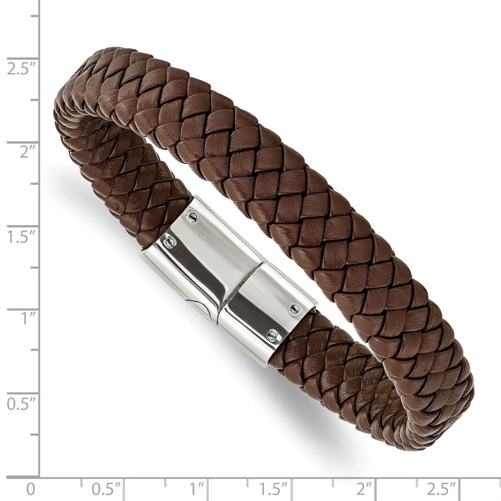 Alternate view of the 12mm Stainless Steel & Brown Leather Braided Bracelet, 8.5 Inch by The Black Bow Jewelry Co.