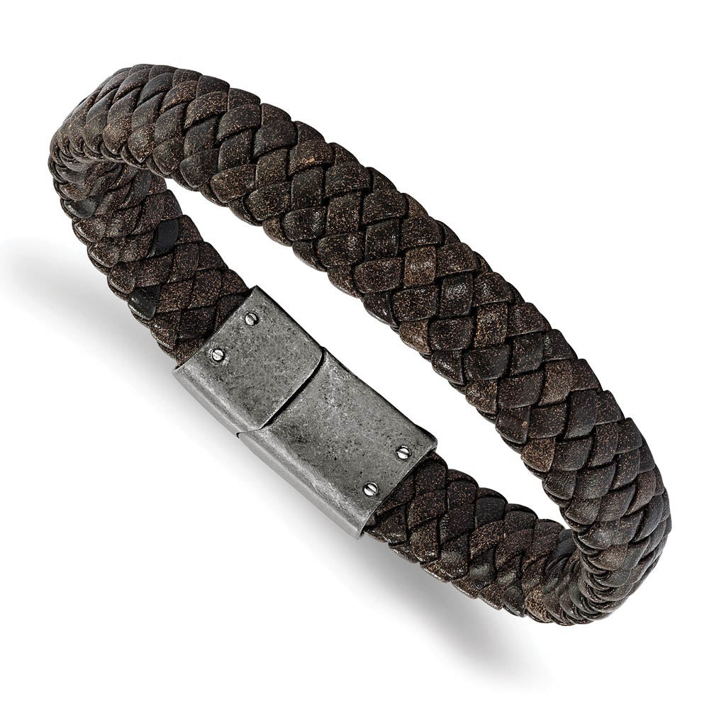11mm Antique Stainless Steel, Speckled Brown Leather Bracelet, 8.25 In, Item B18950 by The Black Bow Jewelry Co.