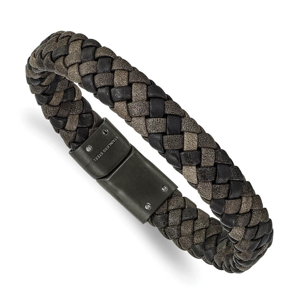11mm Gunmetal Plated Stainless Steel & Brown Leather Bracelet, 8.25 In, Item B18952 by The Black Bow Jewelry Co.