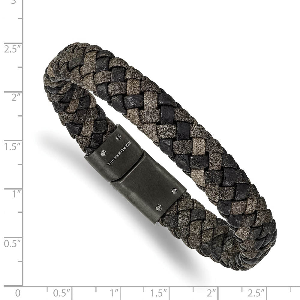 Alternate view of the 11mm Gunmetal Plated Stainless Steel & Brown Leather Bracelet, 8.25 In by The Black Bow Jewelry Co.