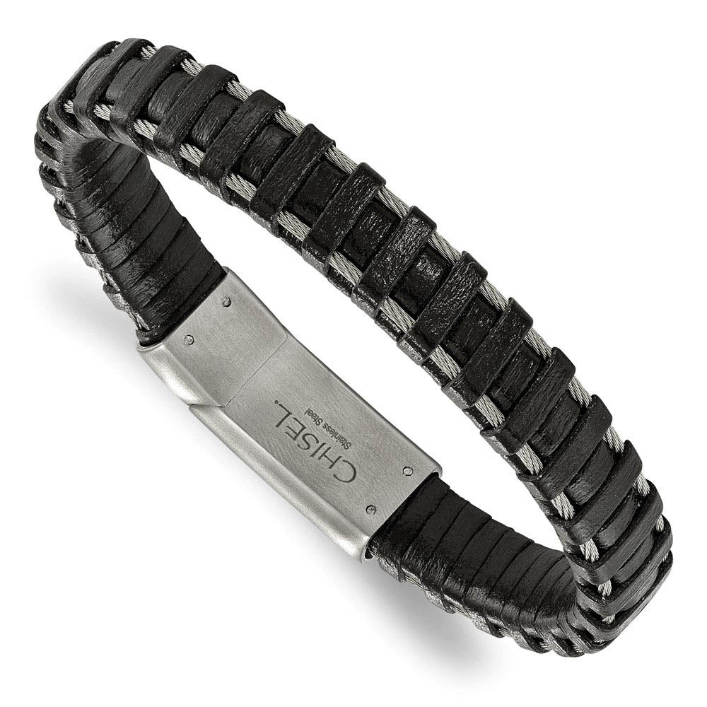 11.5mm Stainless Steel Brushed Cable & Black Leather Bracelet, 8.5 In, Item B18953 by The Black Bow Jewelry Co.