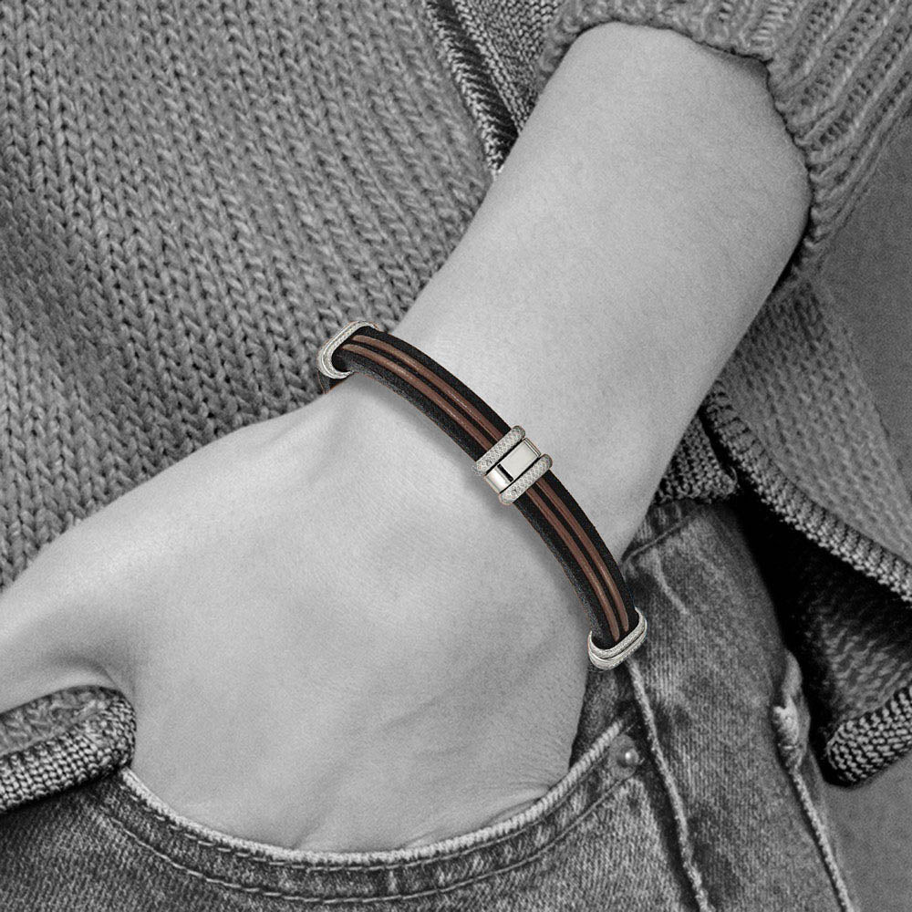 Alternate view of the Men's 8mm Stainless Steel, Black & Brown Leather Bracelet, 8.25 Inch by The Black Bow Jewelry Co.