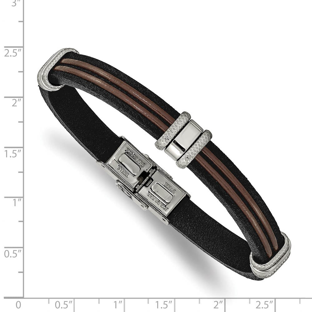 Alternate view of the Men's 8mm Stainless Steel, Black & Brown Leather Bracelet, 8.25 Inch by The Black Bow Jewelry Co.