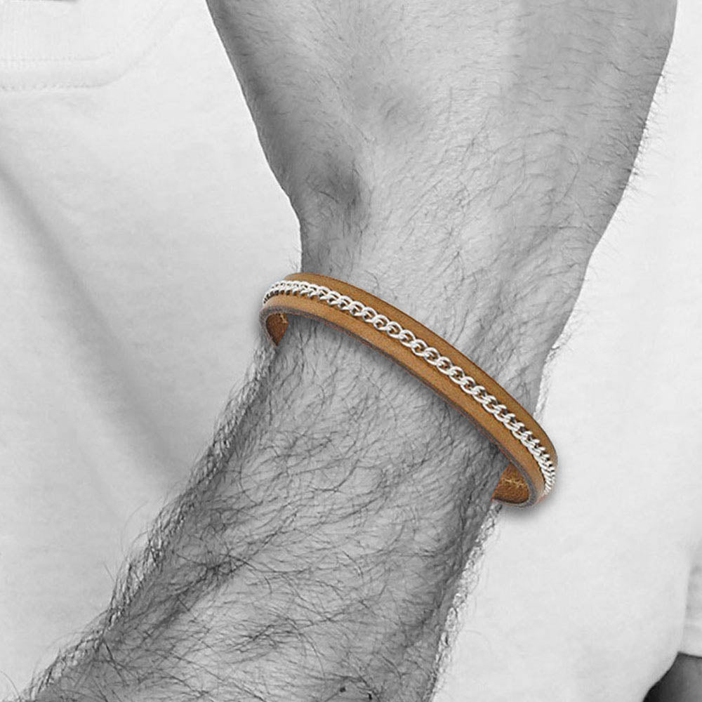 Alternate view of the 10mm Stainless Steel & Brown Leather Chain Inlay Bracelet, 8.25 Inch by The Black Bow Jewelry Co.
