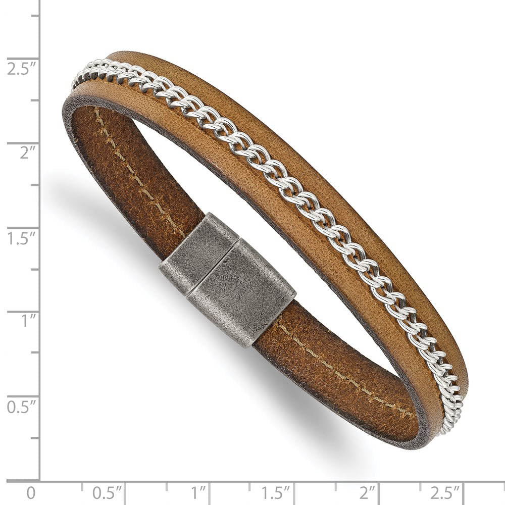 Alternate view of the 10mm Stainless Steel & Brown Leather Chain Inlay Bracelet, 8.25 Inch by The Black Bow Jewelry Co.