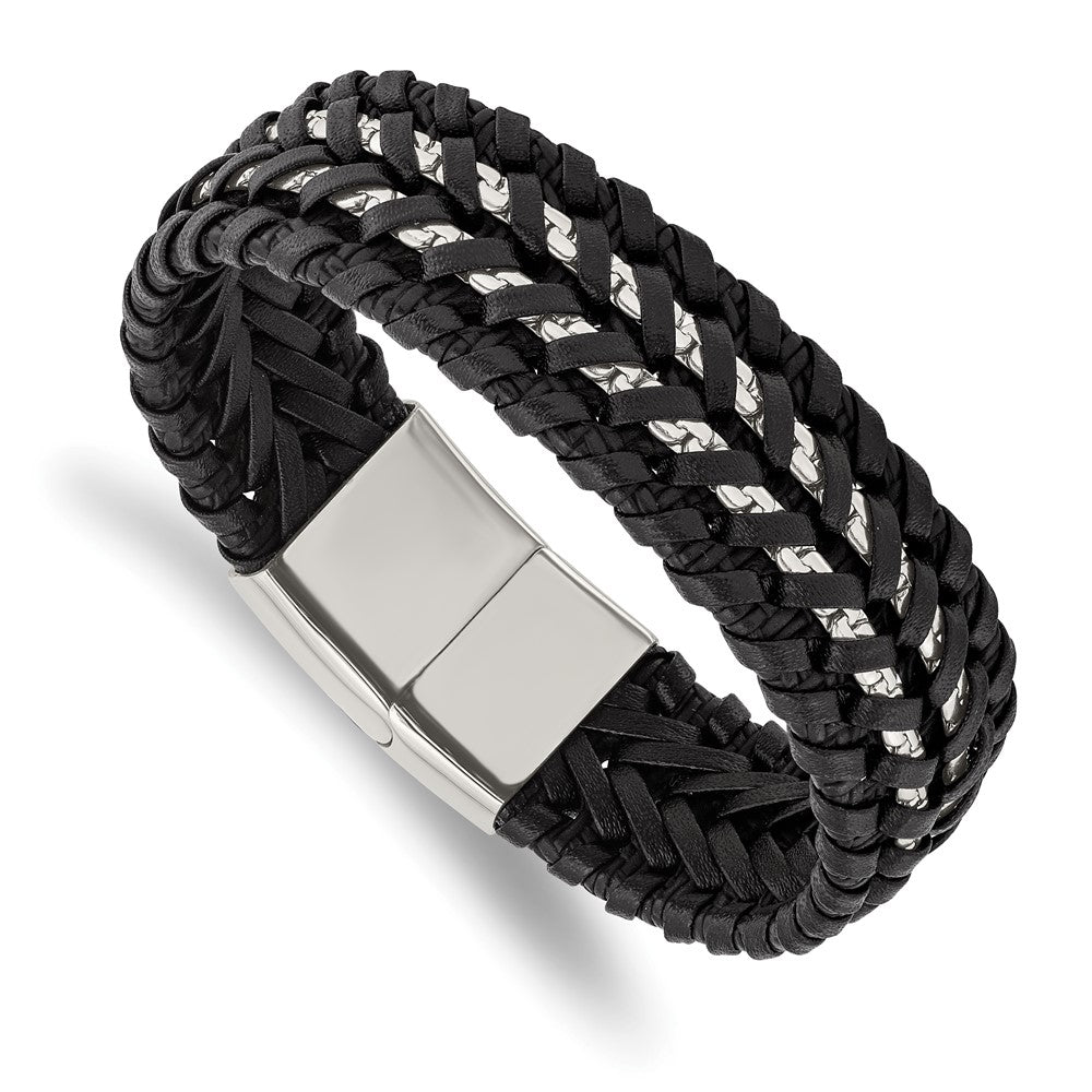 20mm Stainless Steel Black Woven Leather and Chain Bracelet, 8.5 Inch, Item B18957 by The Black Bow Jewelry Co.