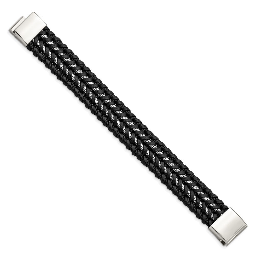 Alternate view of the 20mm Stainless Steel Black Woven Leather and Chain Bracelet, 8.5 Inch by The Black Bow Jewelry Co.