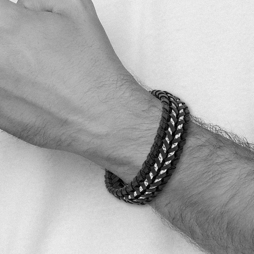 Alternate view of the 20mm Stainless Steel Black Woven Leather and Chain Bracelet, 8.5 Inch by The Black Bow Jewelry Co.