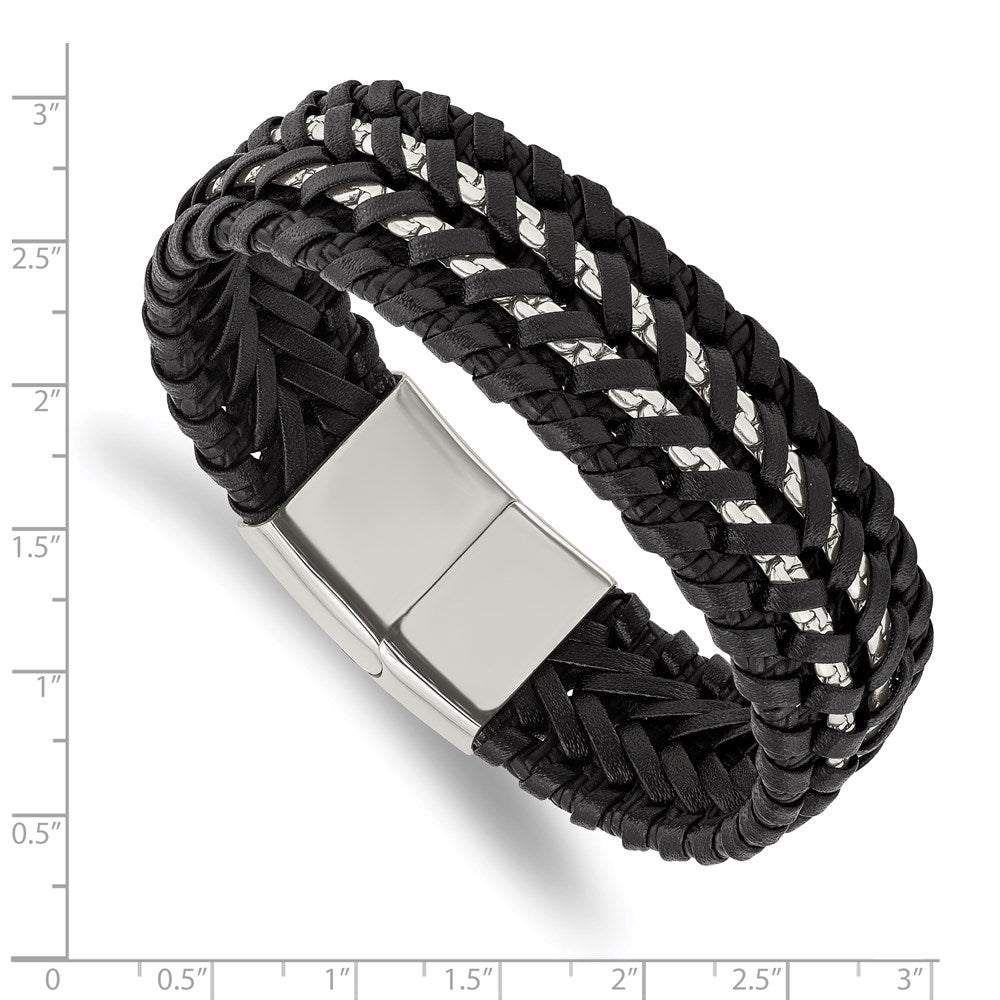 Alternate view of the 20mm Stainless Steel Black Woven Leather and Chain Bracelet, 8.5 Inch by The Black Bow Jewelry Co.