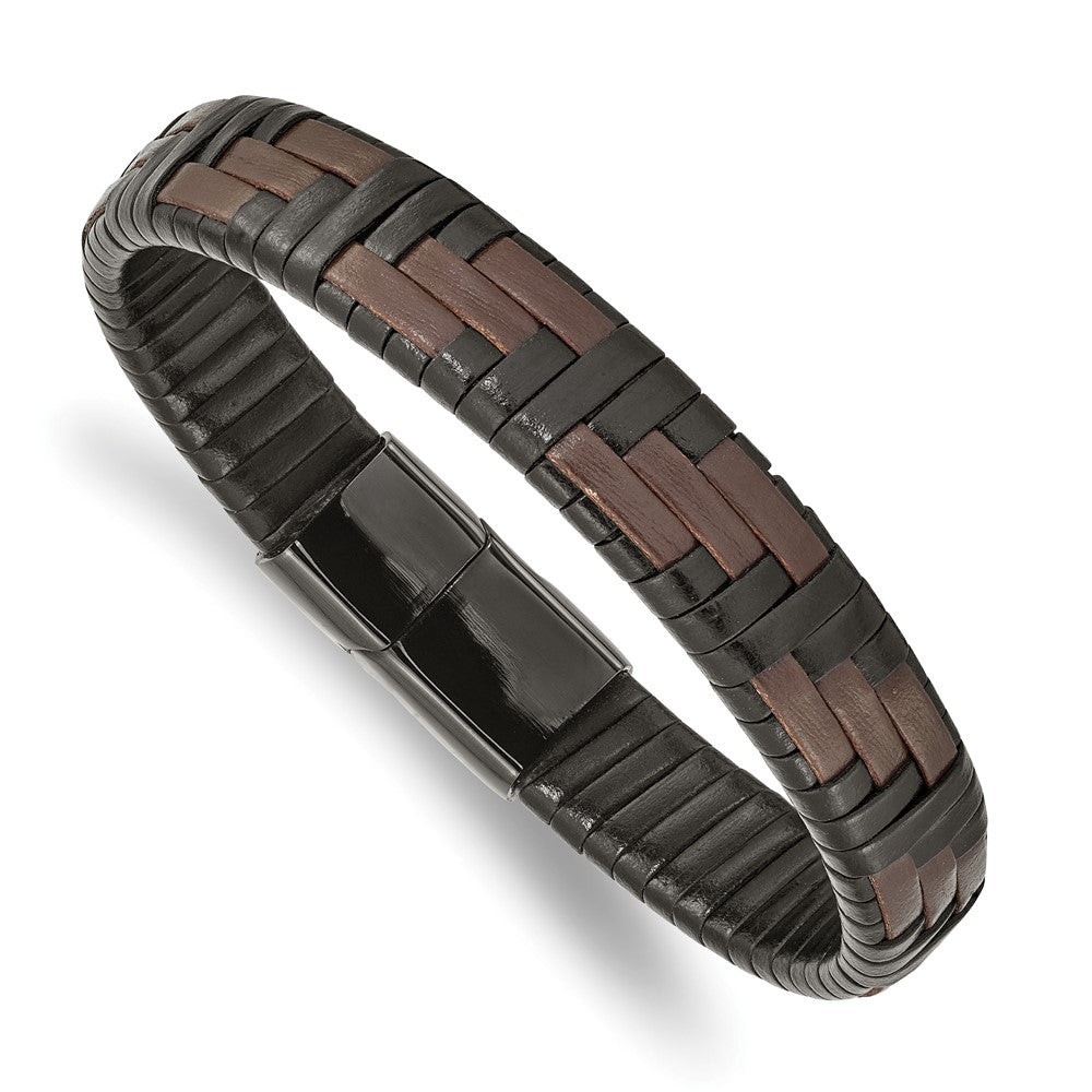 11.5mm Black Plated Stainless Steel Blk/Brown Leather Bracelet 8.25 In, Item B18959 by The Black Bow Jewelry Co.