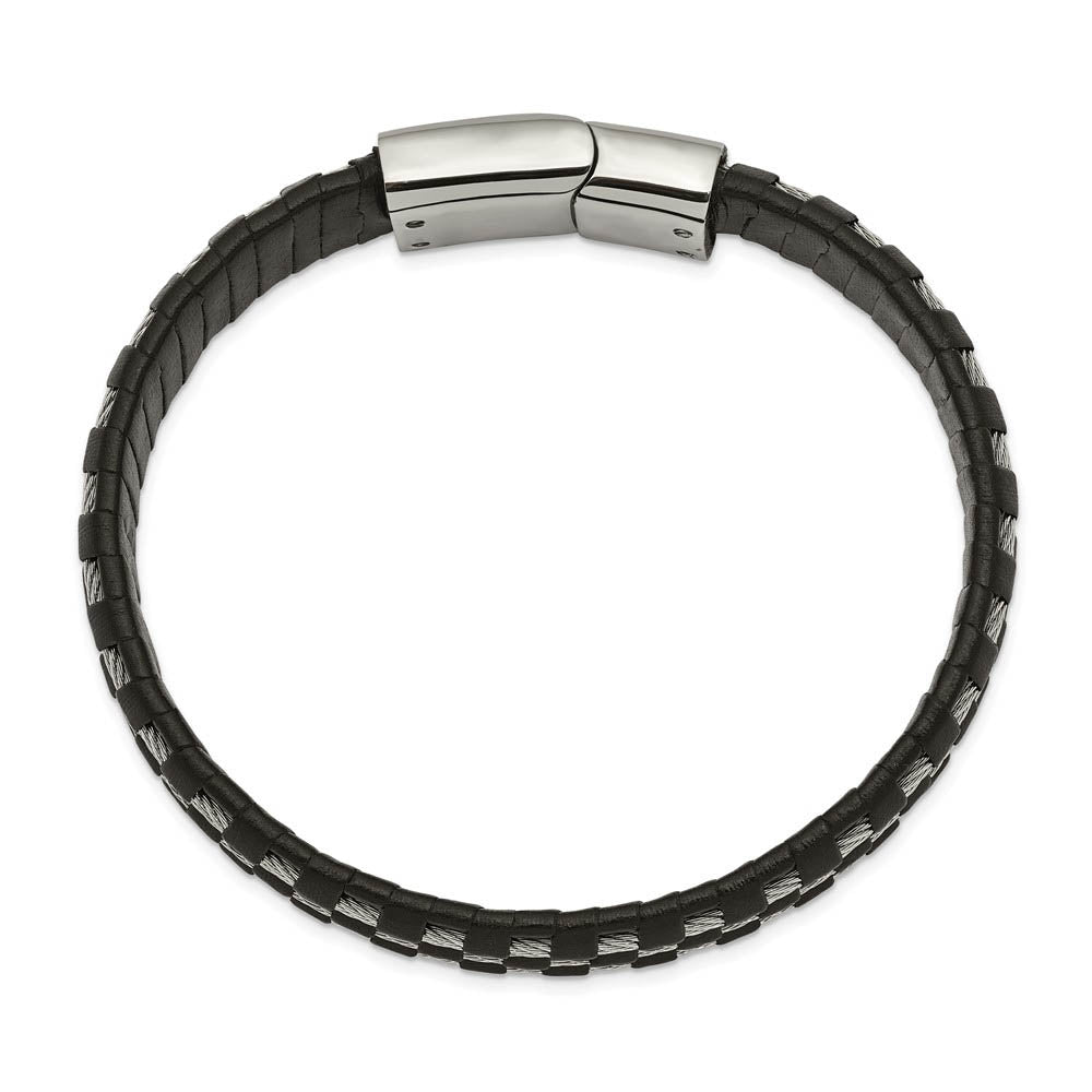 Alternate view of the 12.3mm Stainless Steel Black Leather and Wire Bracelet, 8.5 Inch by The Black Bow Jewelry Co.