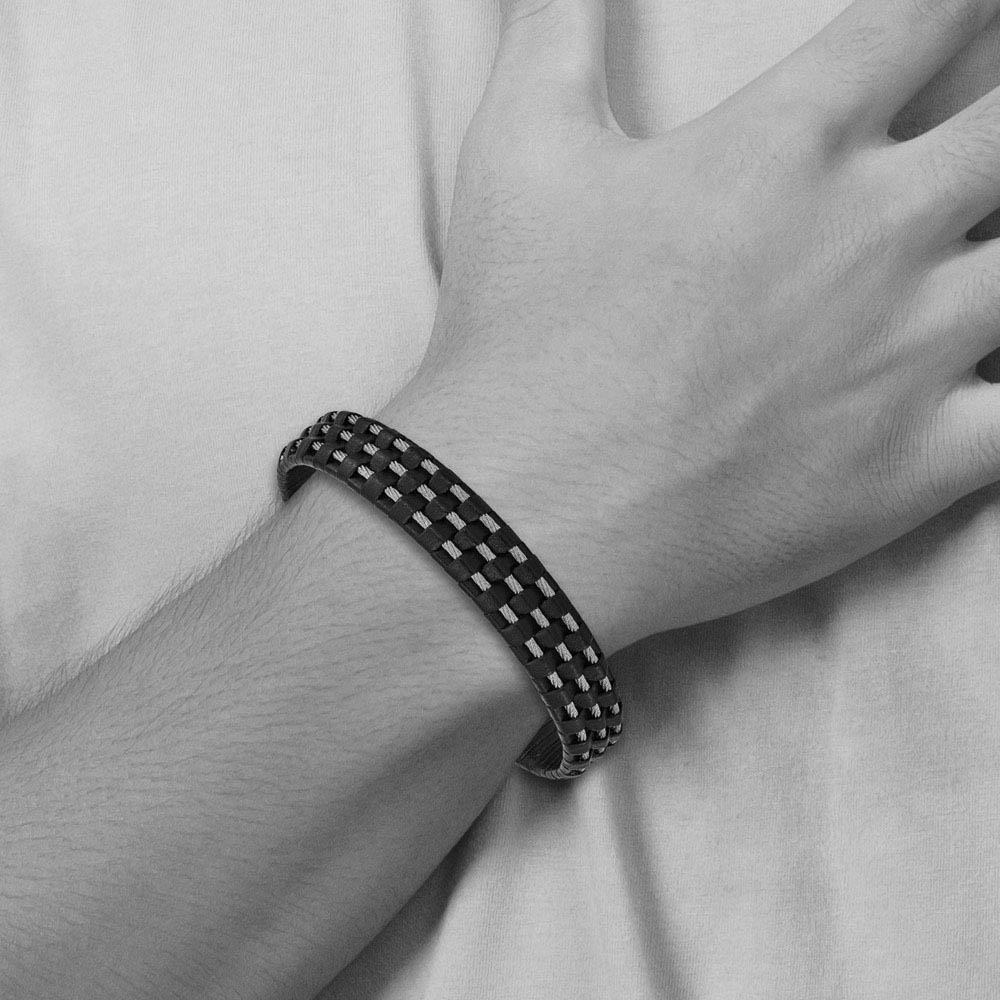 Alternate view of the 12.3mm Stainless Steel Black Leather and Wire Bracelet, 8.5 Inch by The Black Bow Jewelry Co.