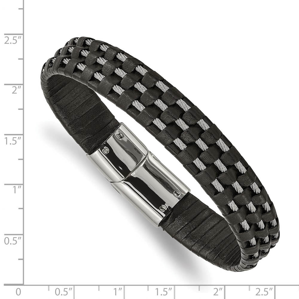 Alternate view of the 12.3mm Stainless Steel Black Leather and Wire Bracelet, 8.5 Inch by The Black Bow Jewelry Co.