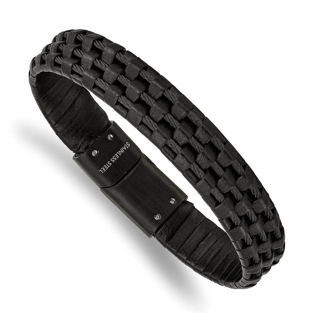 12.3mm Black Plated Stainless Steel, Leather & Wire Bracelet, 8.25 In, Item B18961 by The Black Bow Jewelry Co.