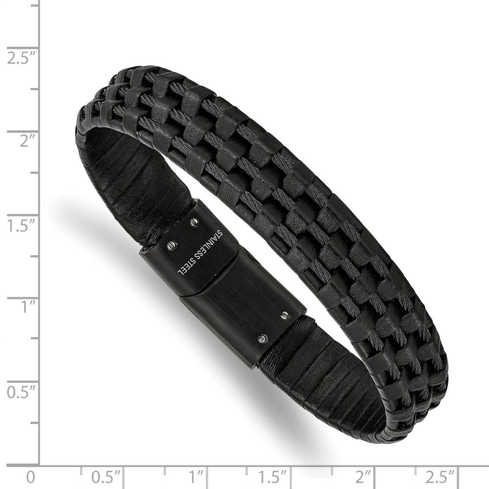 Alternate view of the 12.3mm Black Plated Stainless Steel, Leather & Wire Bracelet, 8.25 In by The Black Bow Jewelry Co.