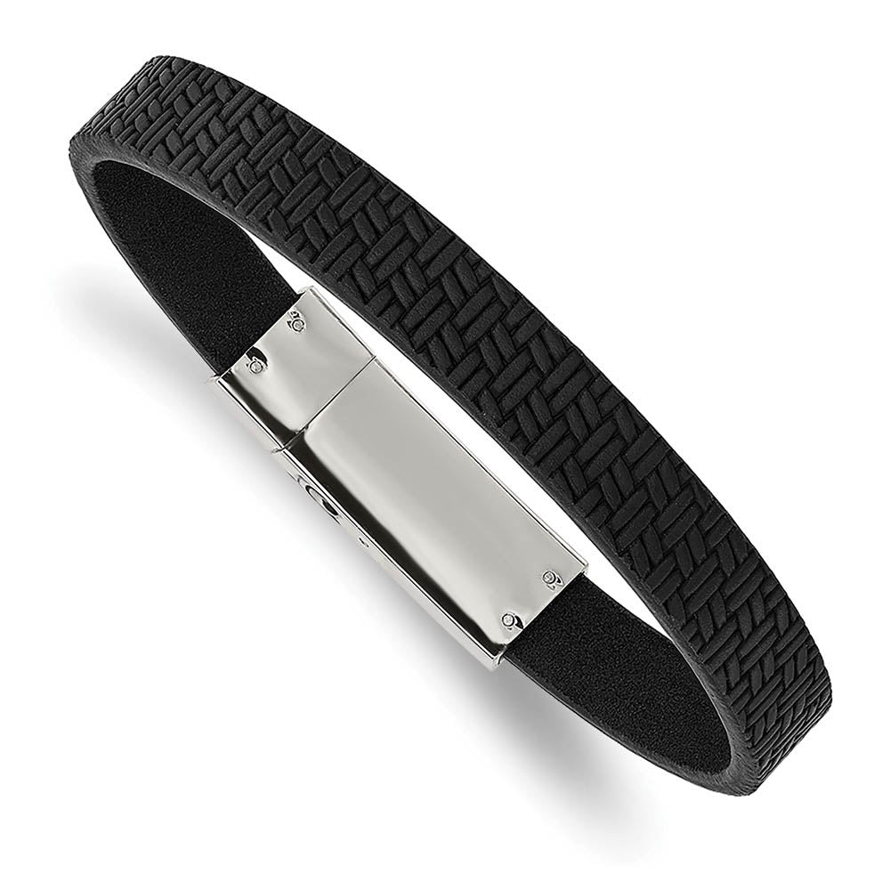 Men's 10mm Stainless Steel & Textured Black Leather Bracelet, 8.5 Inch, Item B18962 by The Black Bow Jewelry Co.