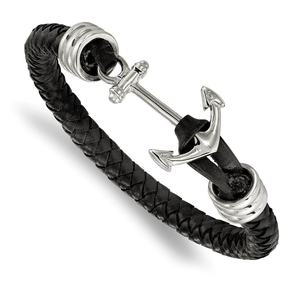 Stainless Steel Black Braided Leather Anchor Toggle Bracelet, 8.5 Inch, Item B18963 by The Black Bow Jewelry Co.