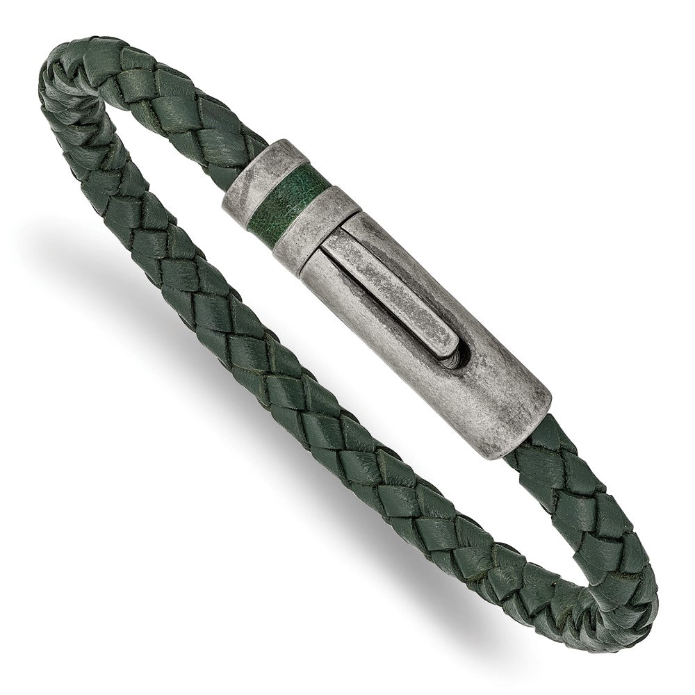 5.25mm Antiqued Stainless Steel Green Leather Woven Bracelet, 8.25 In, Item B18964 by The Black Bow Jewelry Co.
