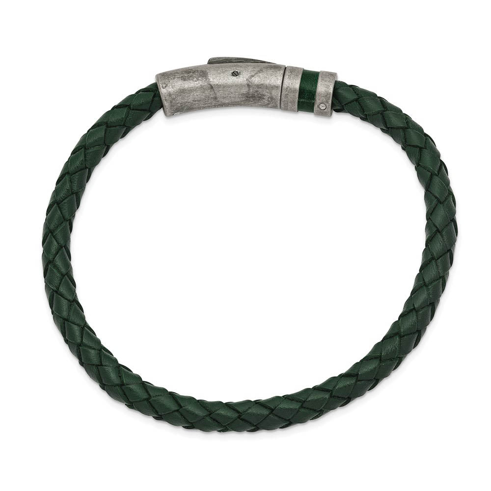 Alternate view of the 5.25mm Antiqued Stainless Steel Green Leather Woven Bracelet, 8.25 In by The Black Bow Jewelry Co.
