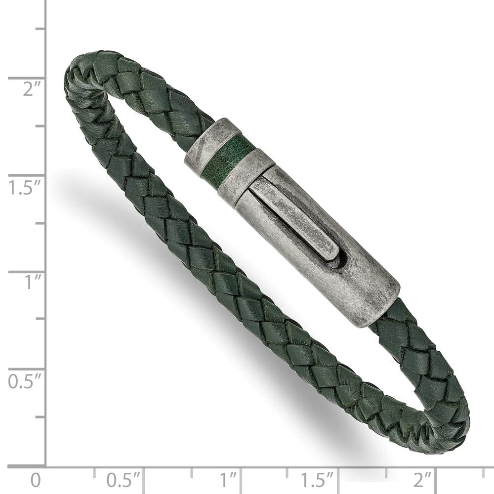 Alternate view of the 5.25mm Antiqued Stainless Steel Green Leather Woven Bracelet, 8.25 In by The Black Bow Jewelry Co.