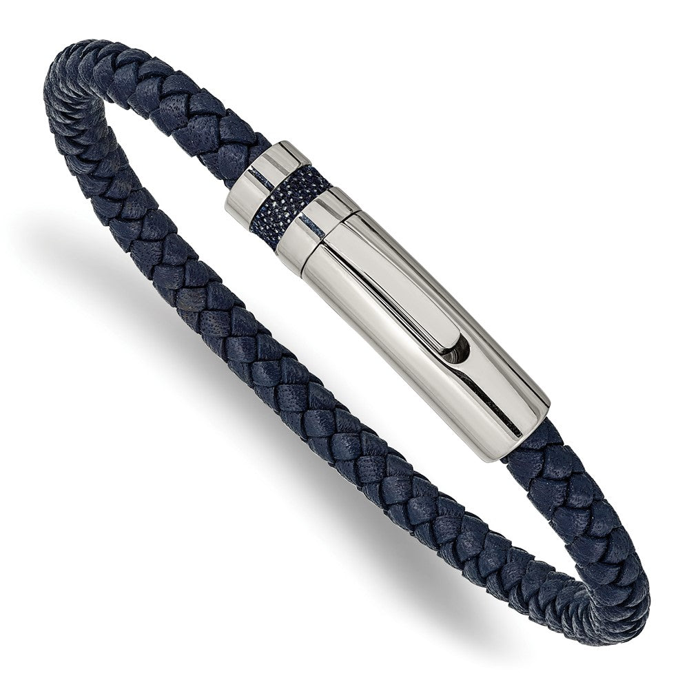 5mm Stainless Steel &amp; Blue Leather Braided Bracelet, 8.25 Inch, Item B18965 by The Black Bow Jewelry Co.