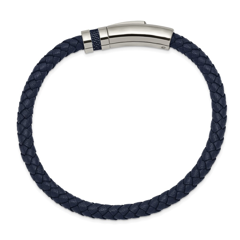 Alternate view of the 5mm Stainless Steel &amp; Blue Leather Braided Bracelet, 8.25 Inch by The Black Bow Jewelry Co.