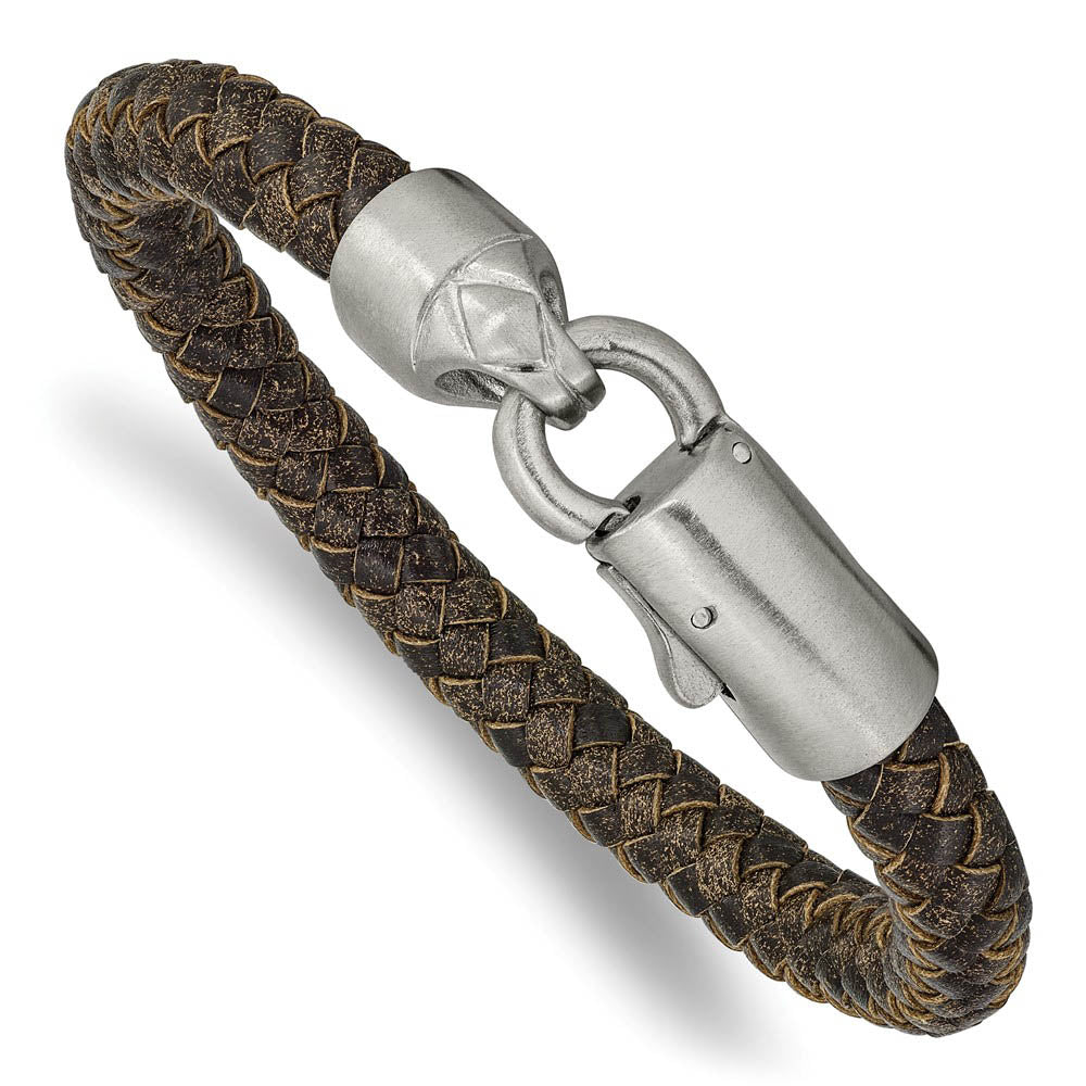 8mm Stainless Steel & Distressed Brown Leather Bracelet, 8.25 Inch, Item B18966 by The Black Bow Jewelry Co.