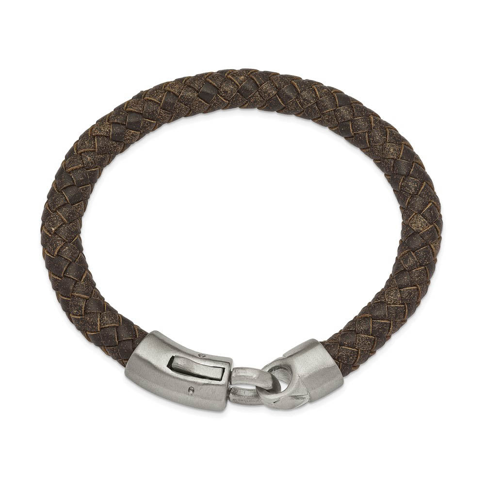 Alternate view of the 8mm Stainless Steel & Distressed Brown Leather Bracelet, 8.25 Inch by The Black Bow Jewelry Co.