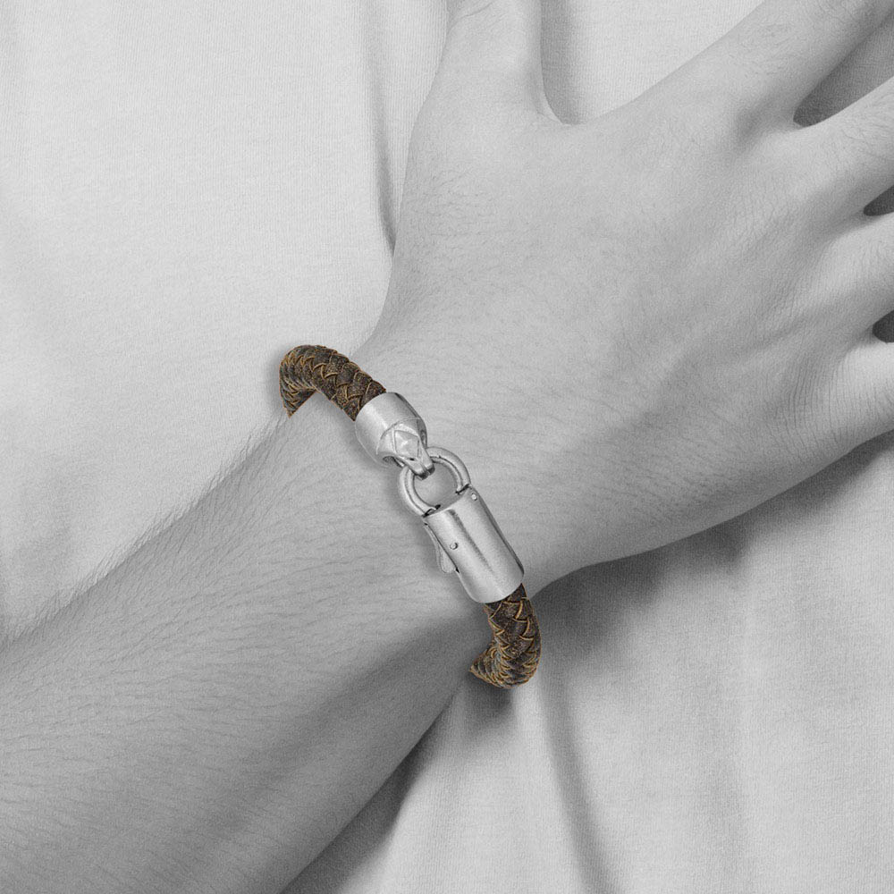 Alternate view of the 8mm Stainless Steel & Distressed Brown Leather Bracelet, 8.25 Inch by The Black Bow Jewelry Co.