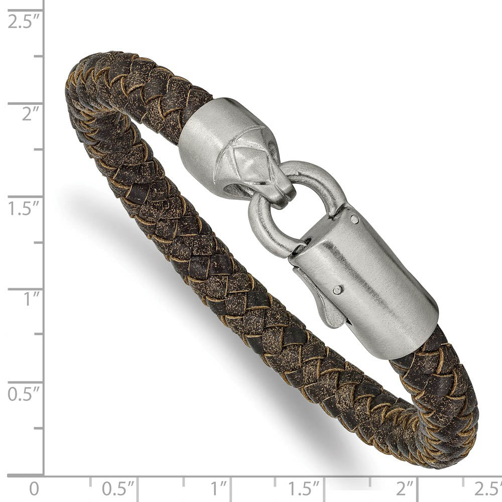 Alternate view of the 8mm Stainless Steel & Distressed Brown Leather Bracelet, 8.25 Inch by The Black Bow Jewelry Co.