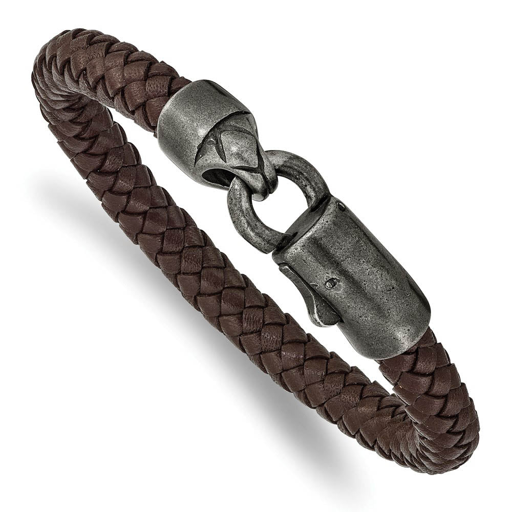8mm Antiqued WB-Plated Stainless Steel Brown Leather Bracelet, 8.25 In, Item B18967 by The Black Bow Jewelry Co.
