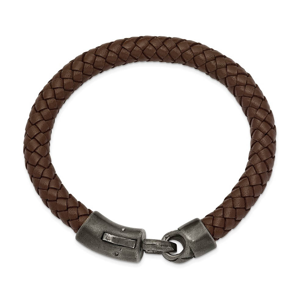 Alternate view of the 8mm Antiqued WB-Plated Stainless Steel Brown Leather Bracelet, 8.25 In by The Black Bow Jewelry Co.